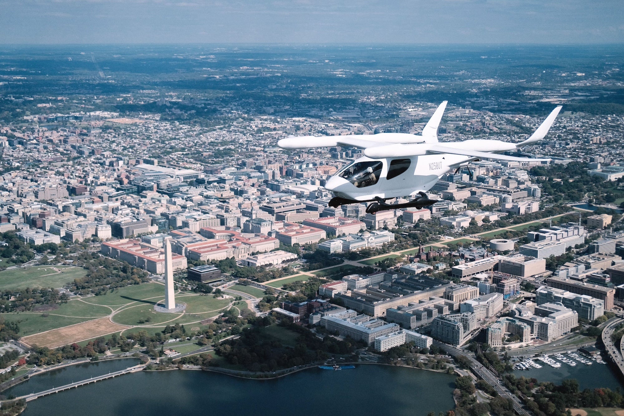 The Beta aircraft with the Washington Monument in the background.