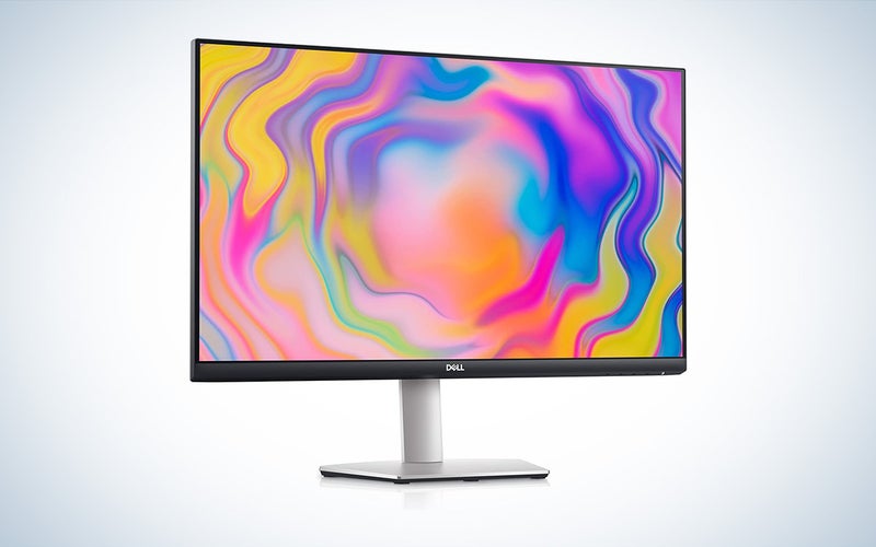 A Dell S2722QC against a white background has a colorful screensaver displayed.