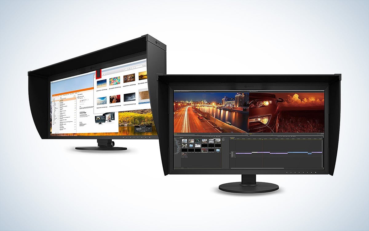 Two angles of the Eizo ColorEdge CG319X monitor for video editing are stacked next to each other against a white background.