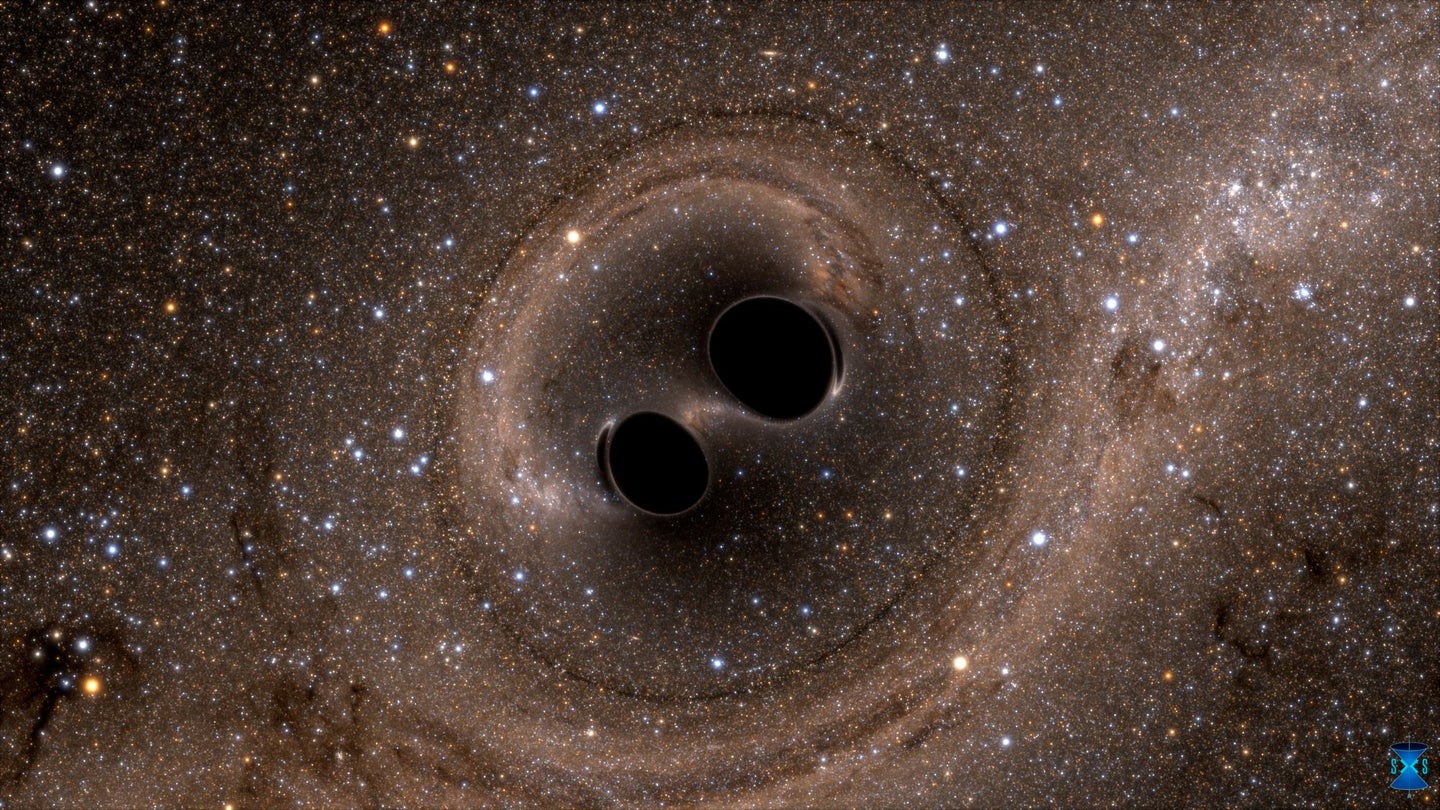 Dark black holes merge together in a brown, star-studded illustration.