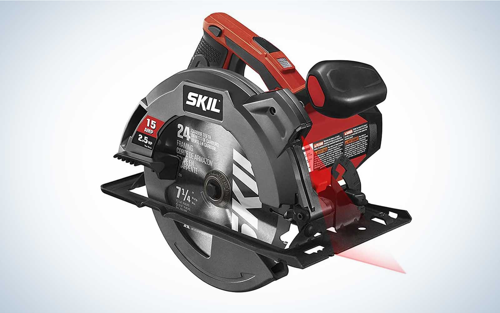Skil 5280-01 15 Amp 7-1/4 Inch Circular Saw on a plain background with its laser level active