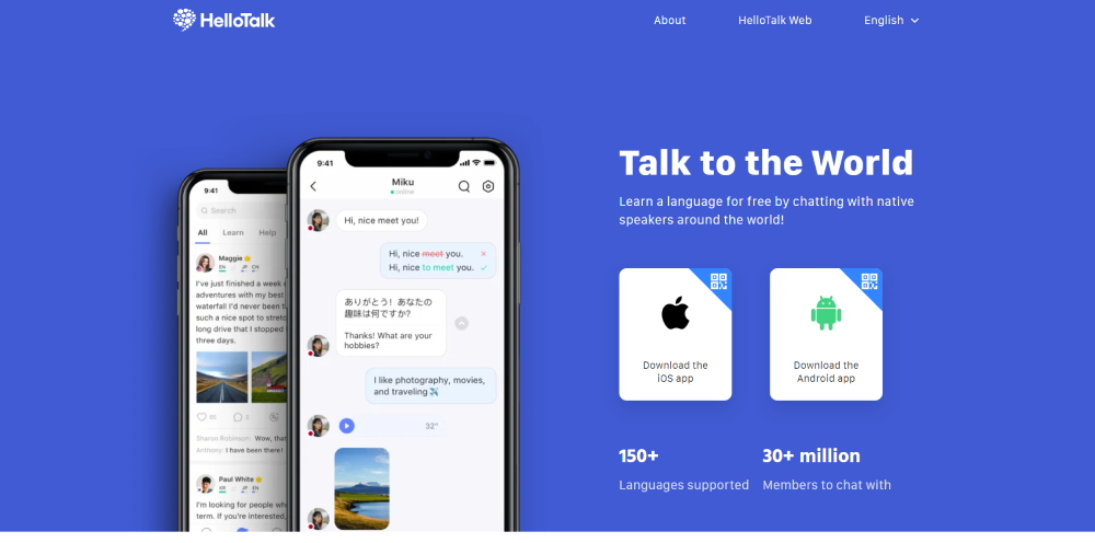 The blue homepage of HelloTalk, which displays a chat conversation on two smartphones.