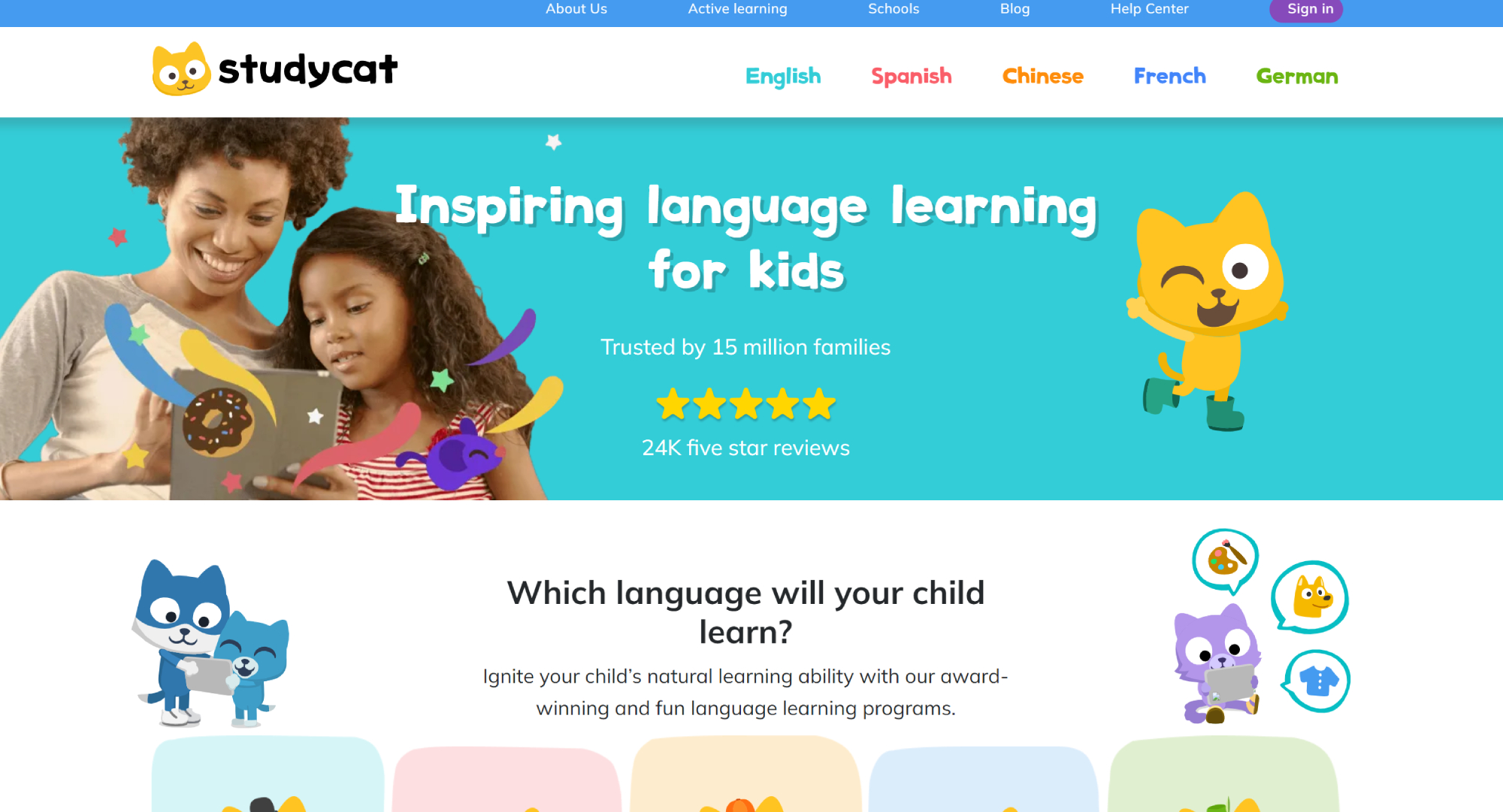 A photo of a woman and a little girl on the the homepage of StudyCat, a free language learning app geared toward children.