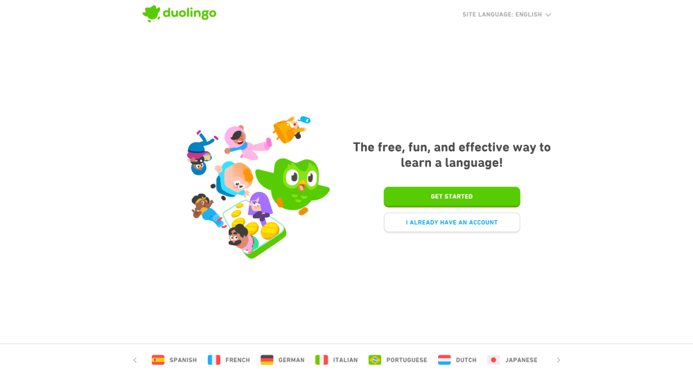 The homepage of the Duolingo language app, which features their green logo owl in the center and the languages you can learn with flags along the bottom of the screen.