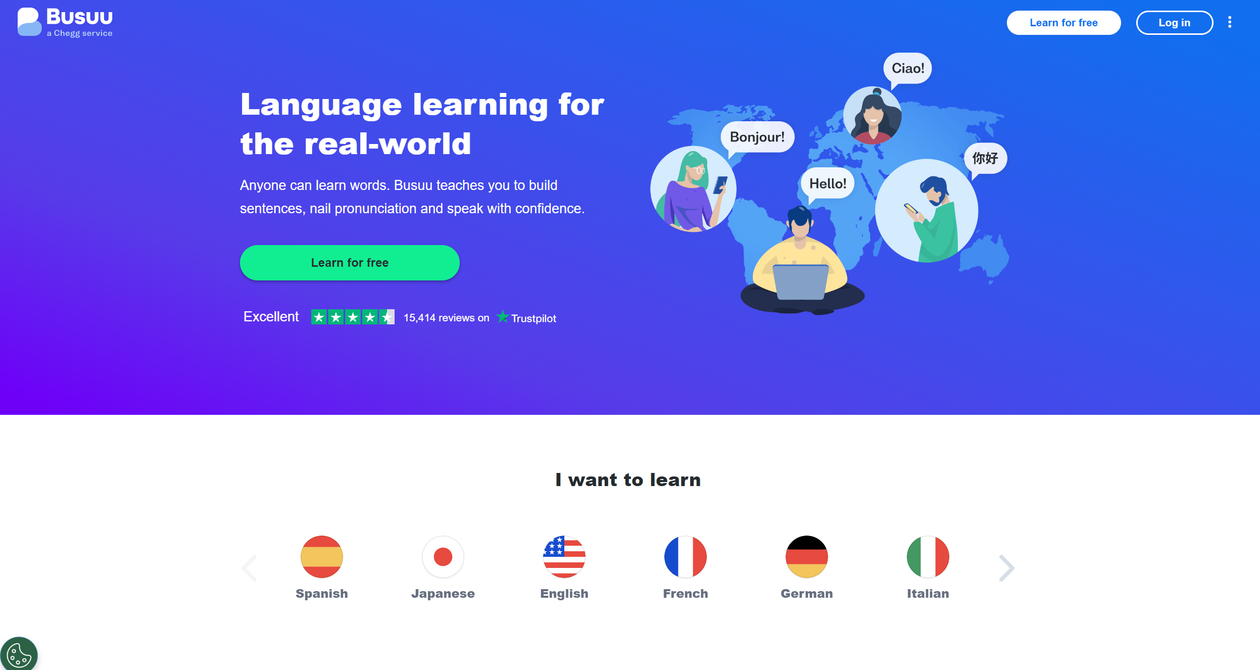 The purple and blue homepage for Busuu, which features a map and images of people saying hello in different languages.