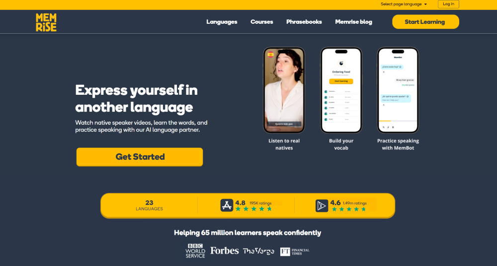 The black and yellow homepage for the Memrise free language learning app.