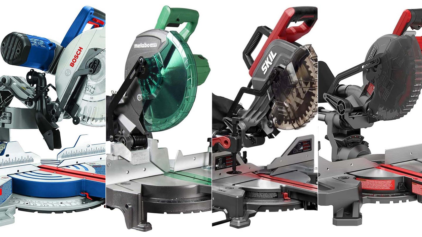 The best miter saws composited together in four columns with close-up views of each