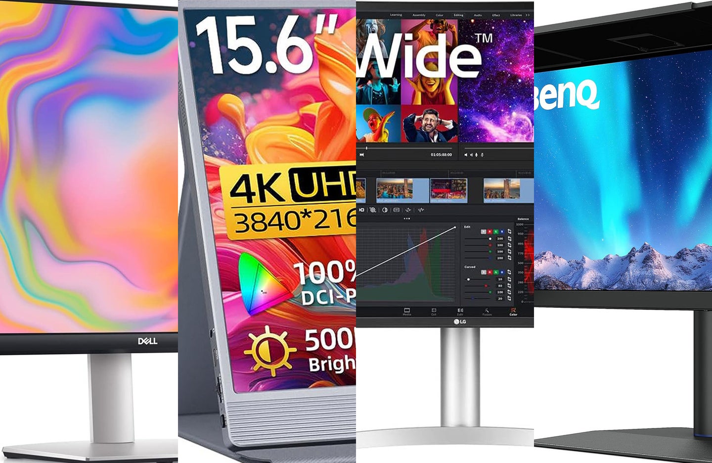 Four of the best monitors for video editing with colorful images on the screens are sliced together against a white background.