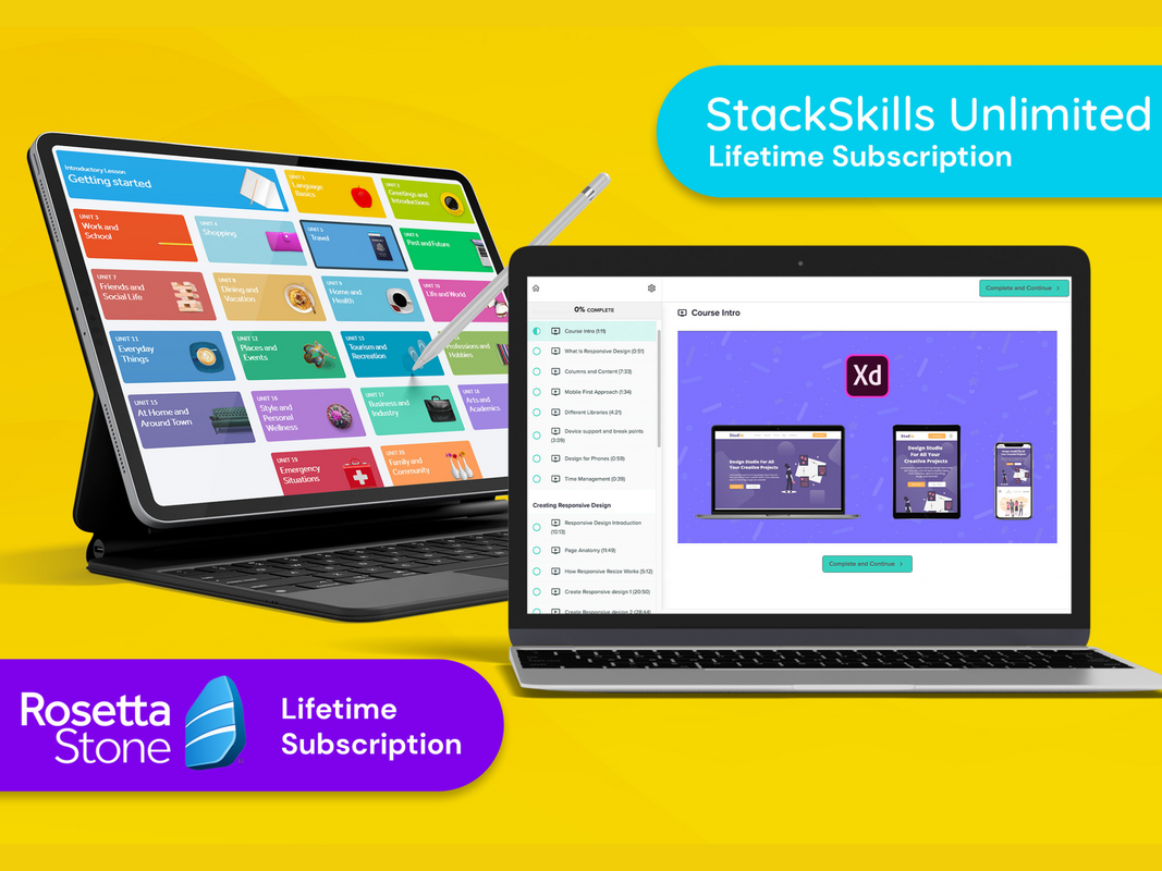 The Stack Skills learning website pulled up on a tablet and laptop