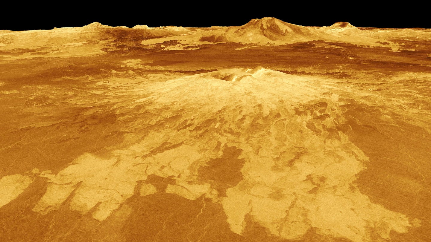 A computer-generated three-dimensional perspective view of the surface of Venus. Venus has a surface temperature of over 800 degrees Fahrenheit.