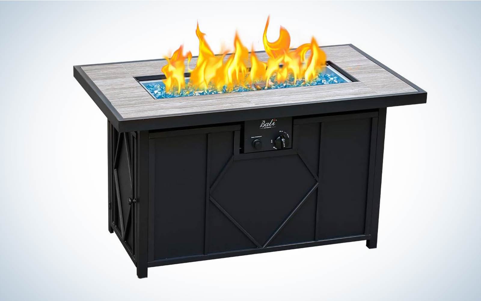 Bali Outdoors Propane Fire Pit on a plain background with flames