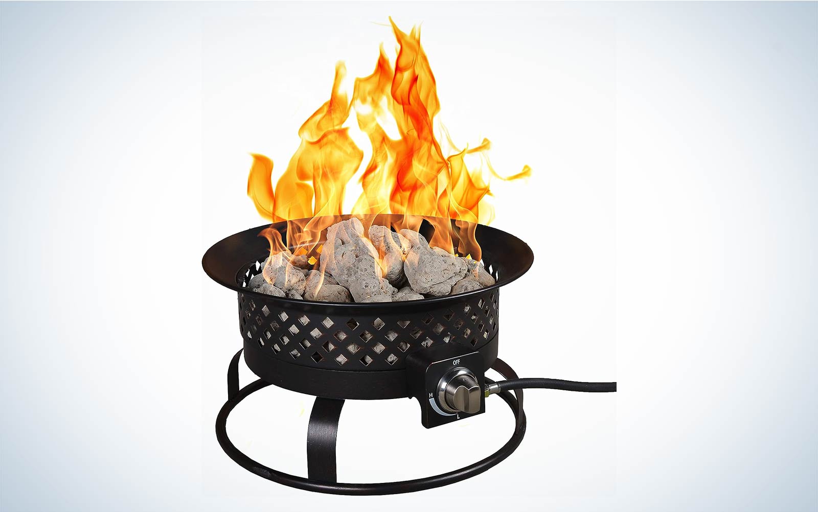 Bond Manufacturing Aurora Portable Steel Propane Gas Fire on a plain background with fire