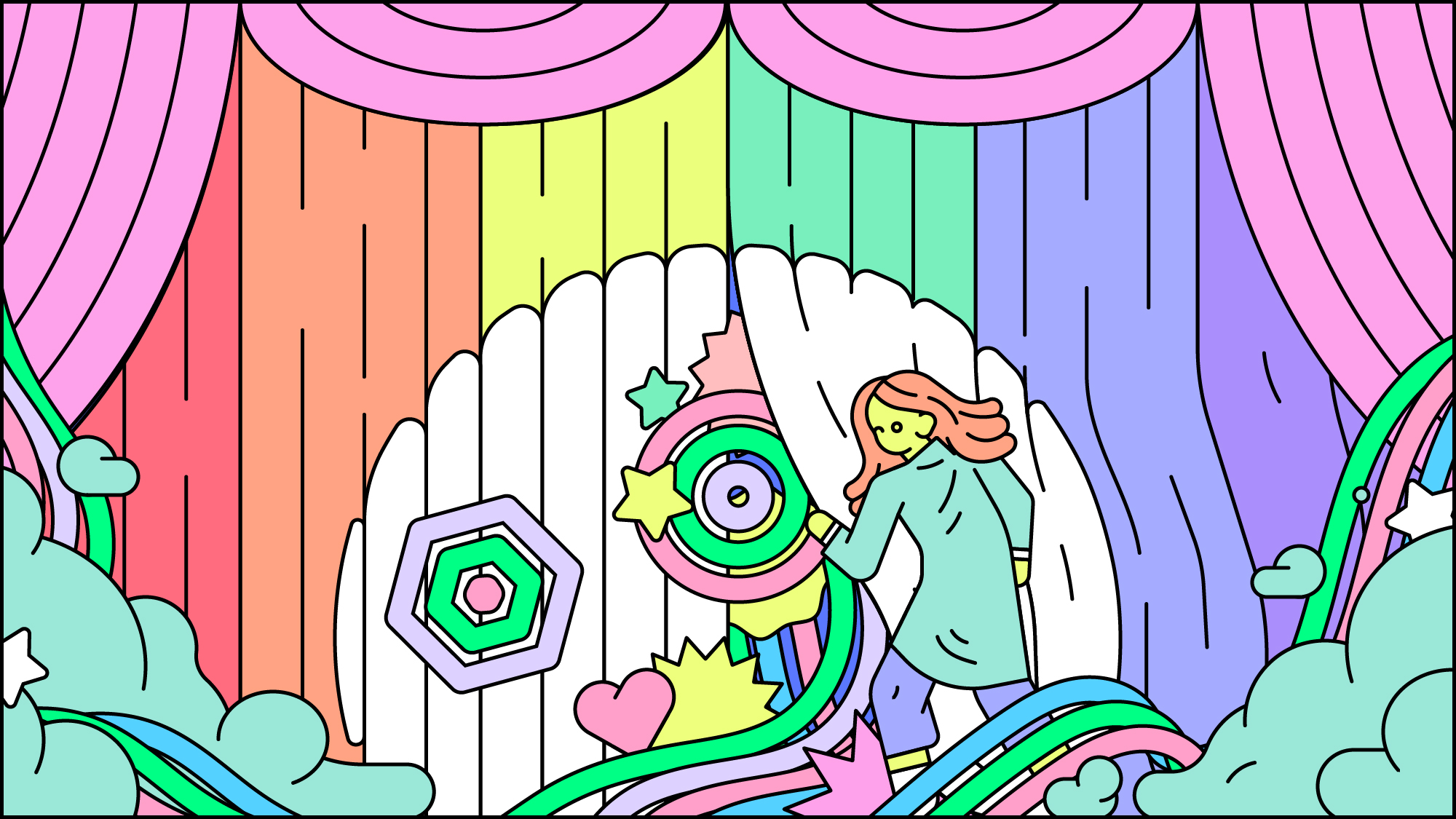 scientist pulls back stage curtain with colorful shapes behind; illustration