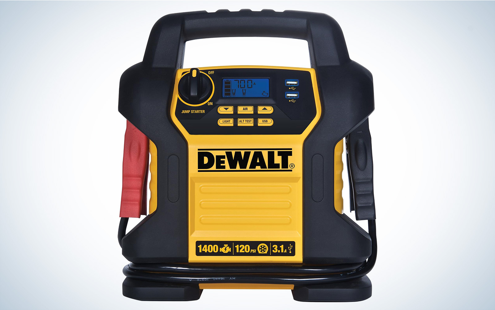 DeWalt power bank jump starter with its clamps folded in on a plain background