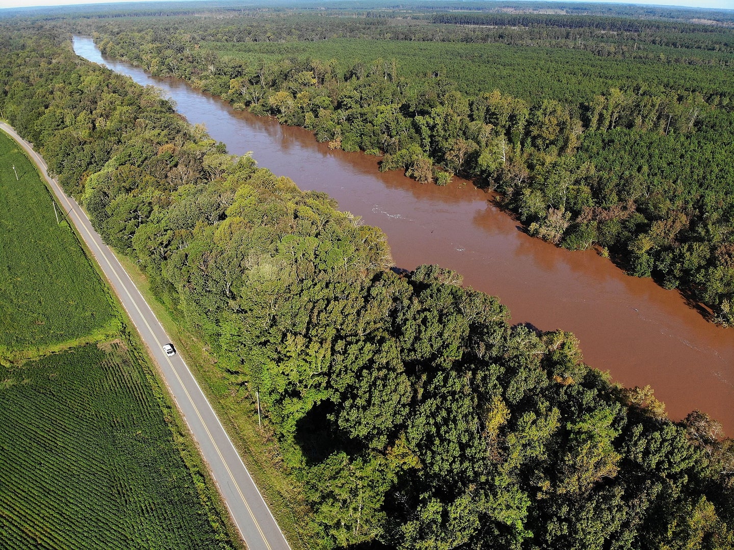 Cape Fear River in North Carolina, which is polluted by PFAS, seen from above after a storm