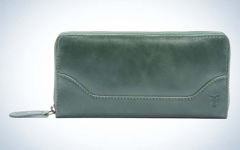A basil (green) FRYE Melissa Zippered wallet against a plain background.