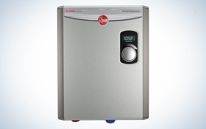 Rheem 18kW 240V Tankless Electric Water Heater on a plain background
