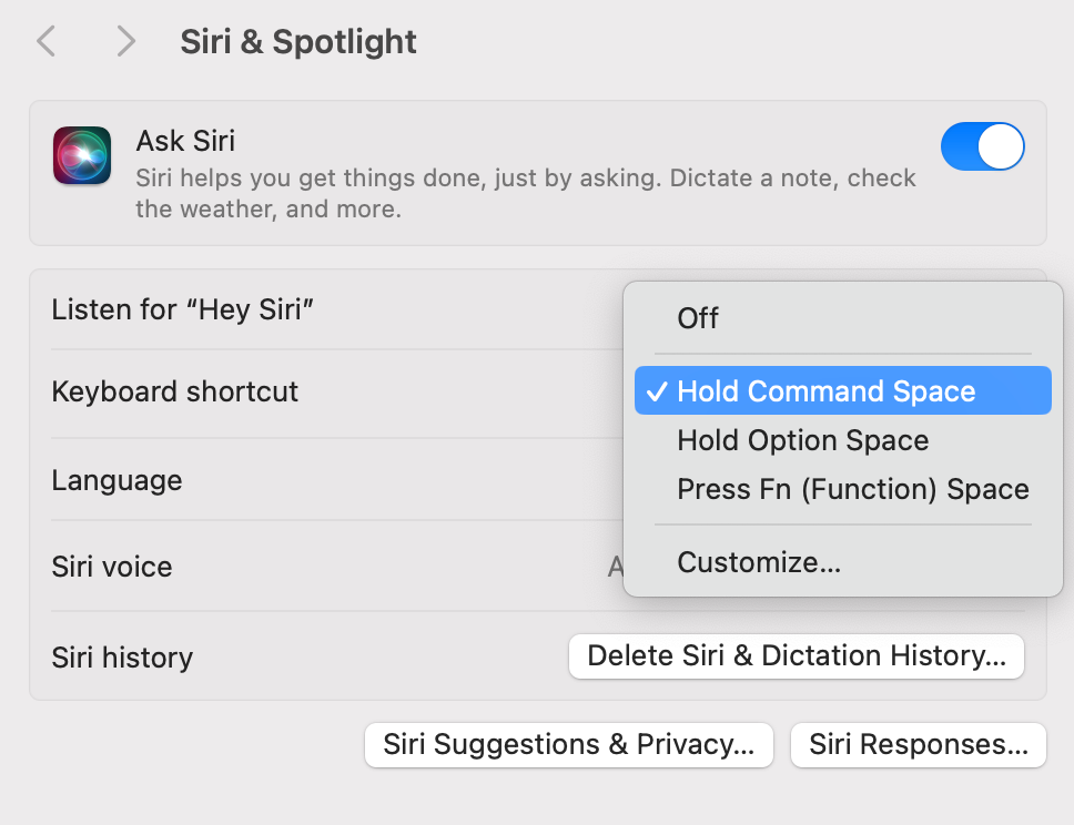 MacOS Siri settings menu showing how to disable audio feedback