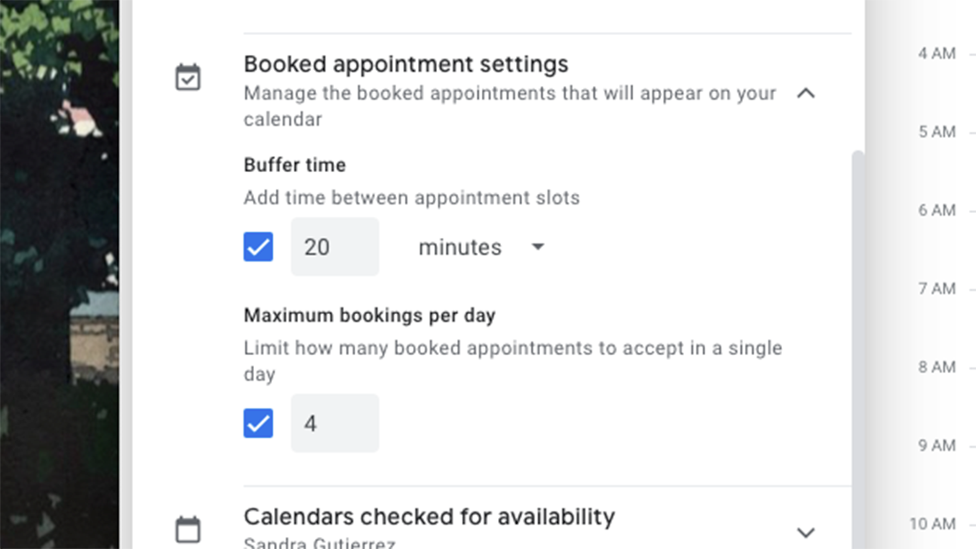 Google Calendar menu showing appointment schedule settings 