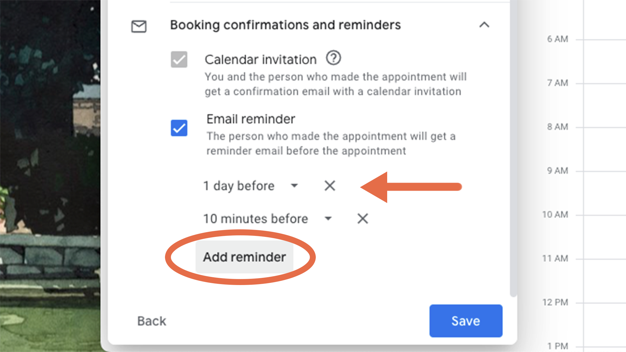 Google Calendar menu showing options to send reminders to people booking appointments with you.