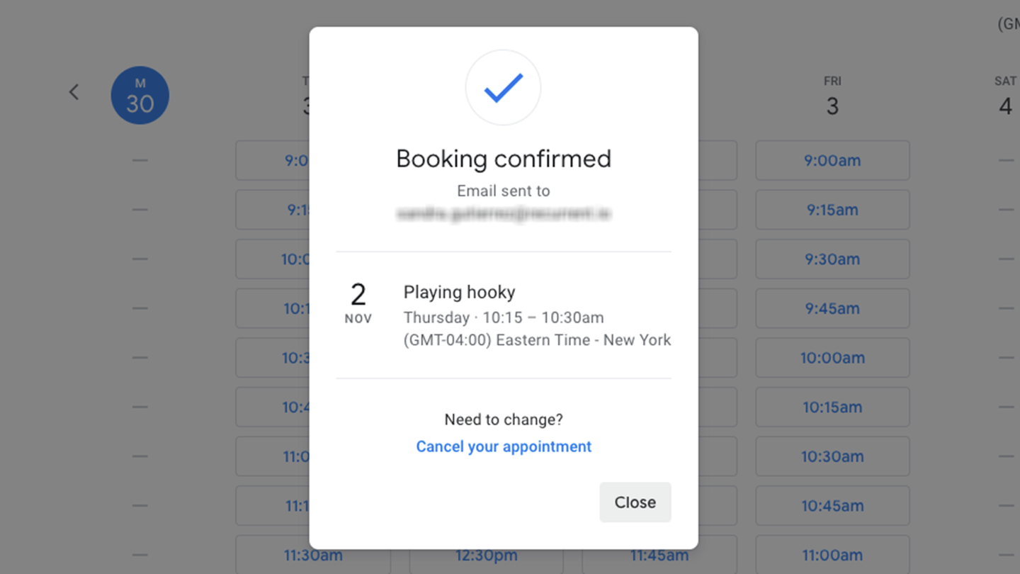 Screen showing an appointment booking confirmation notification on google calendar