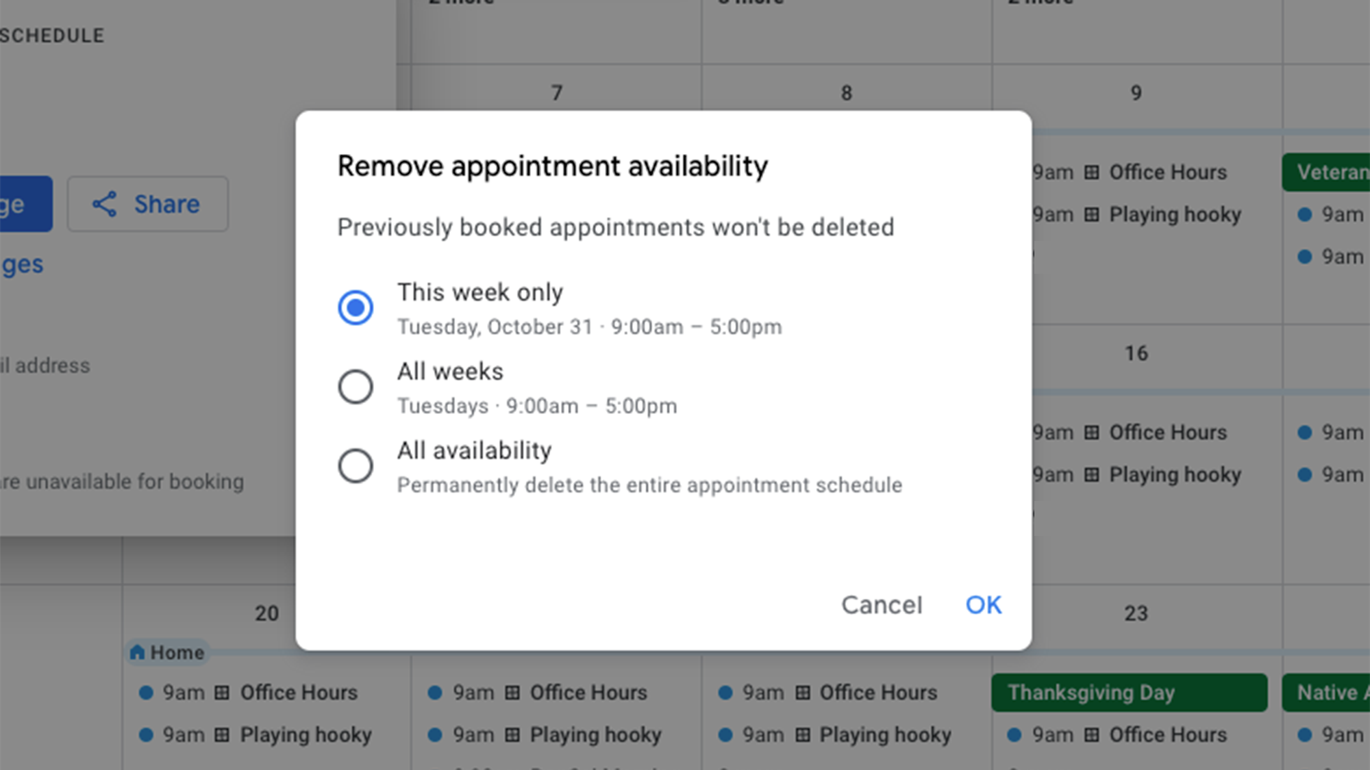 Google Calendar menu showing options to delete appointment schedule.