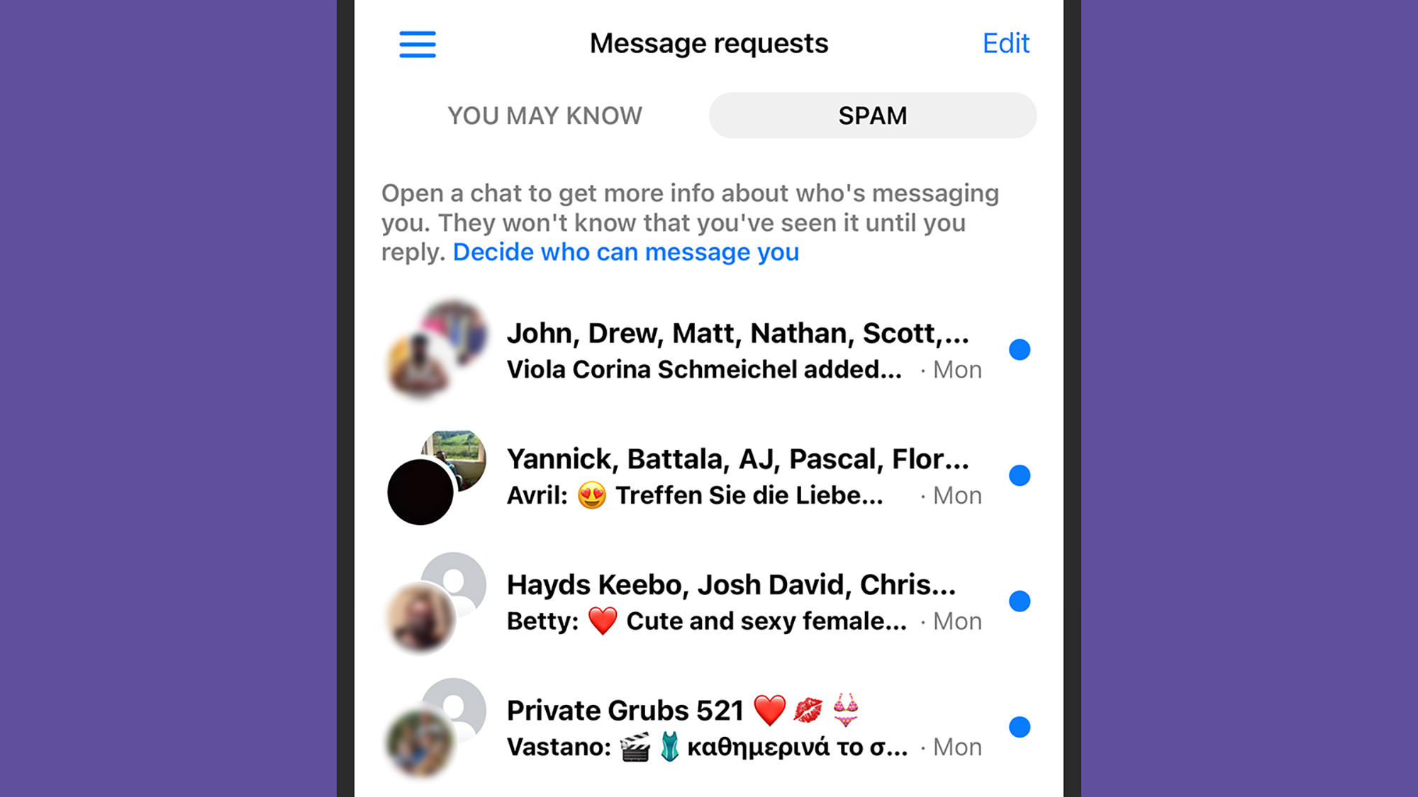 Facebook Messenger's Filtered messages inbox filled with unread spam messages
