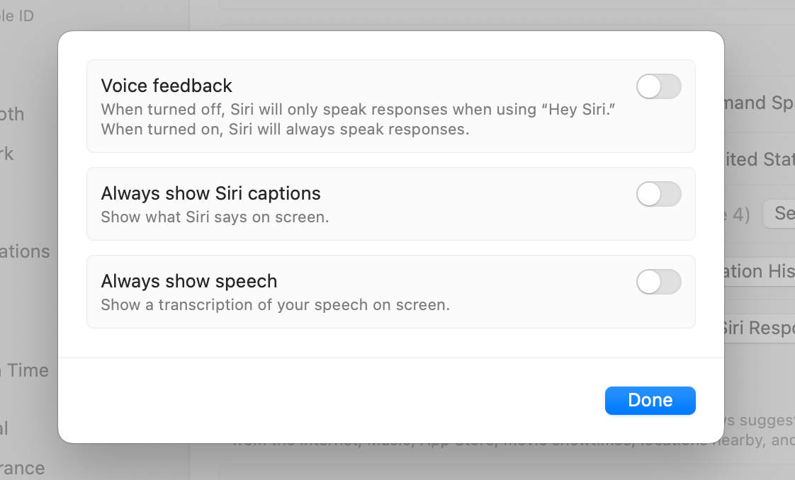 Siri settings menu on MacOS showing how to disable the digital assistant's audio feedback. 