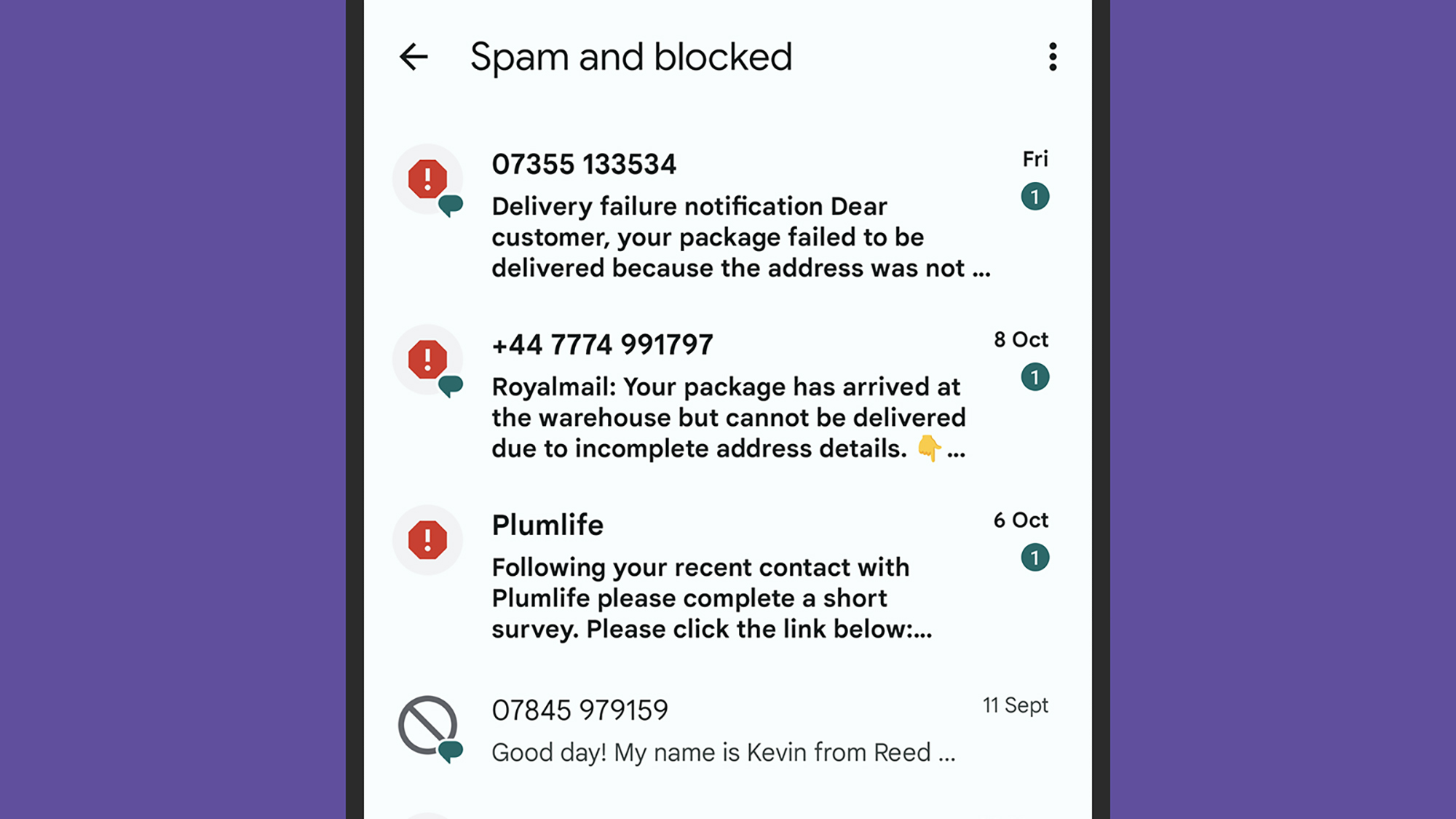 Google's Messages app showing the spam folder filled with unread spam texts