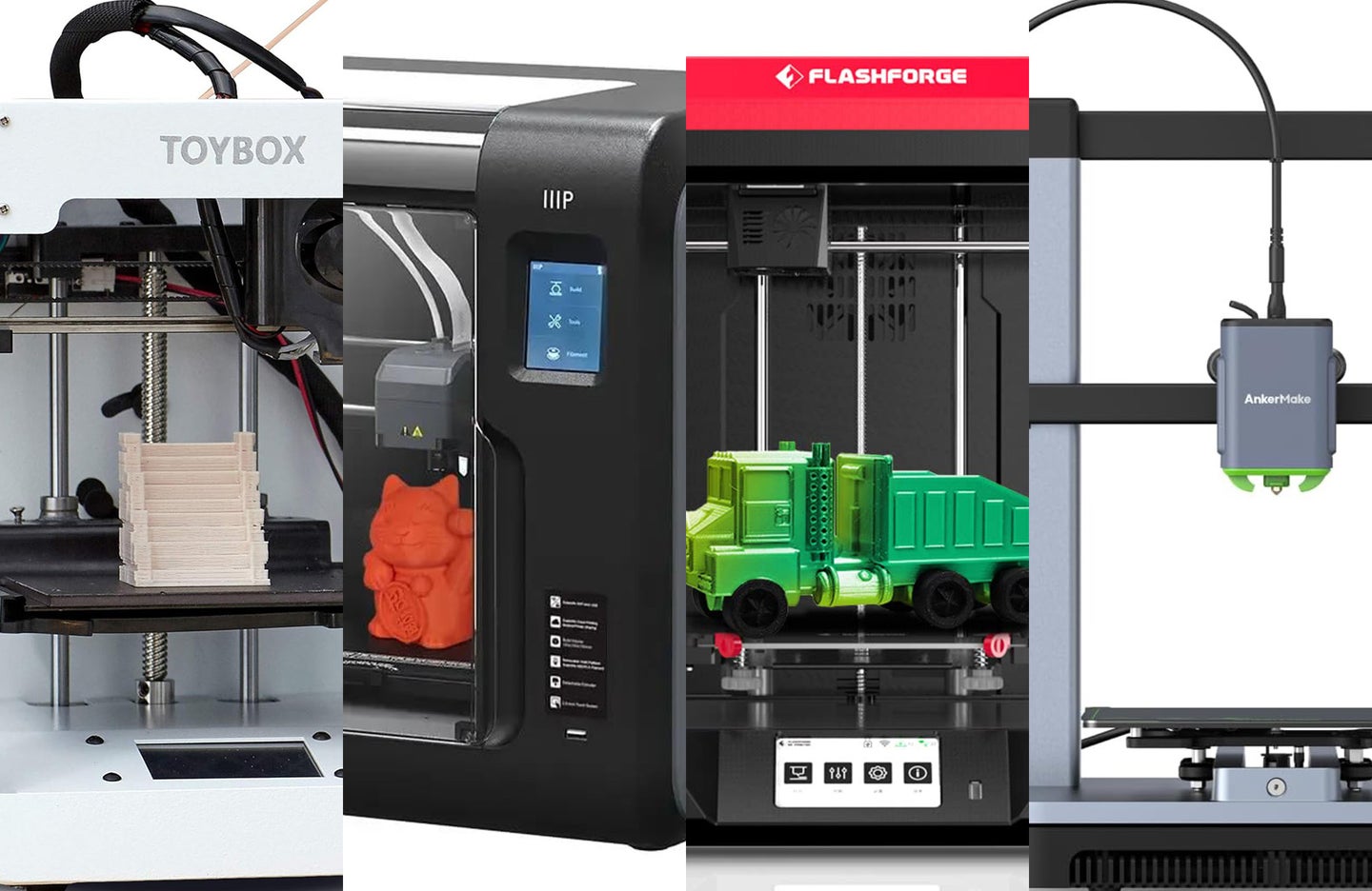 Four of the best 3D printers for kids are sliced together against a white background.