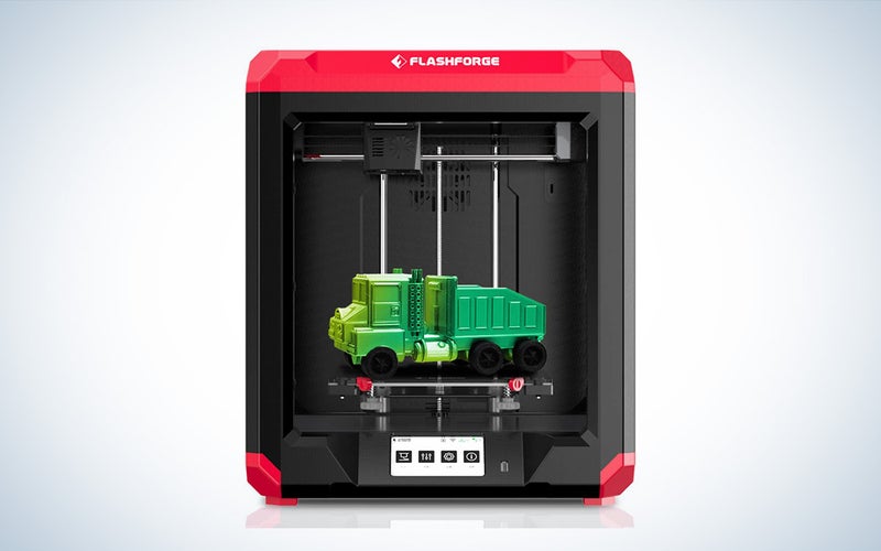 The black and red FlashForge Finder 3 3D printer is placed against a white background.