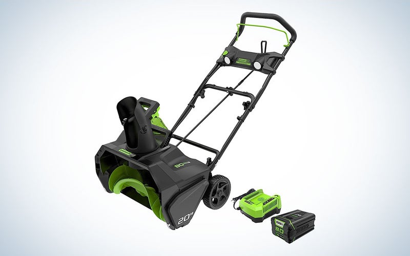 A Greenworks 80V snow thrower on a plain background
