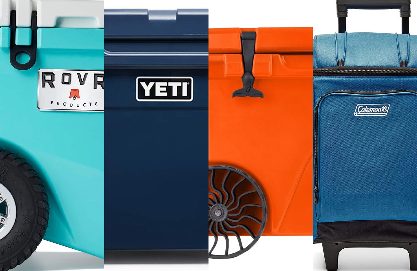 Four of the best coolers with wheels sliced together against a white background.