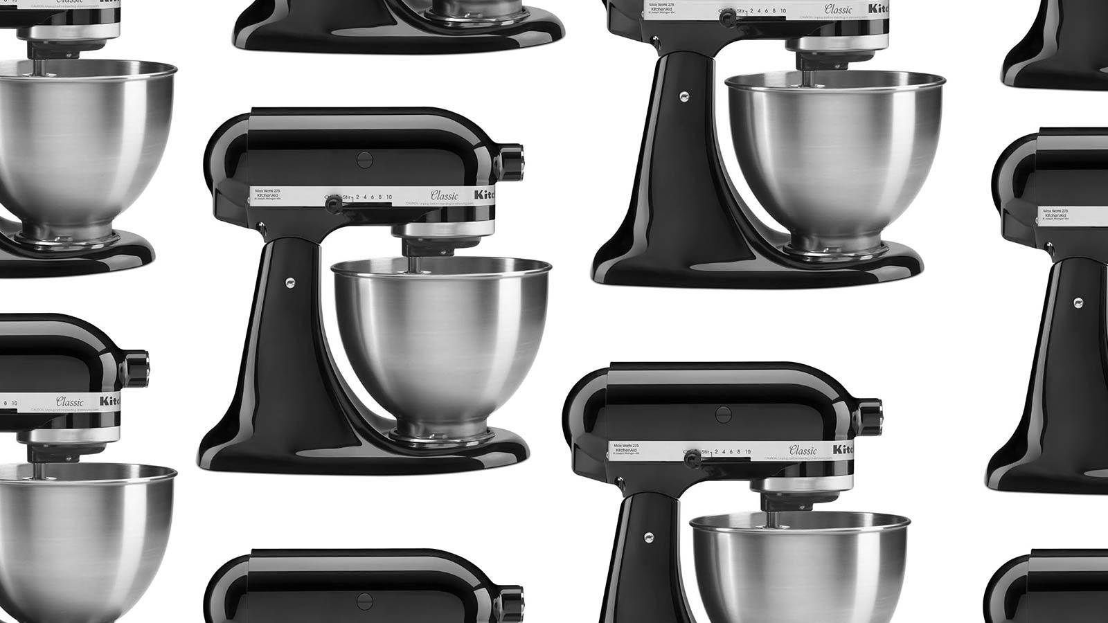A pattern made of Kitchen-Aid stand mixers in profile on a plain background