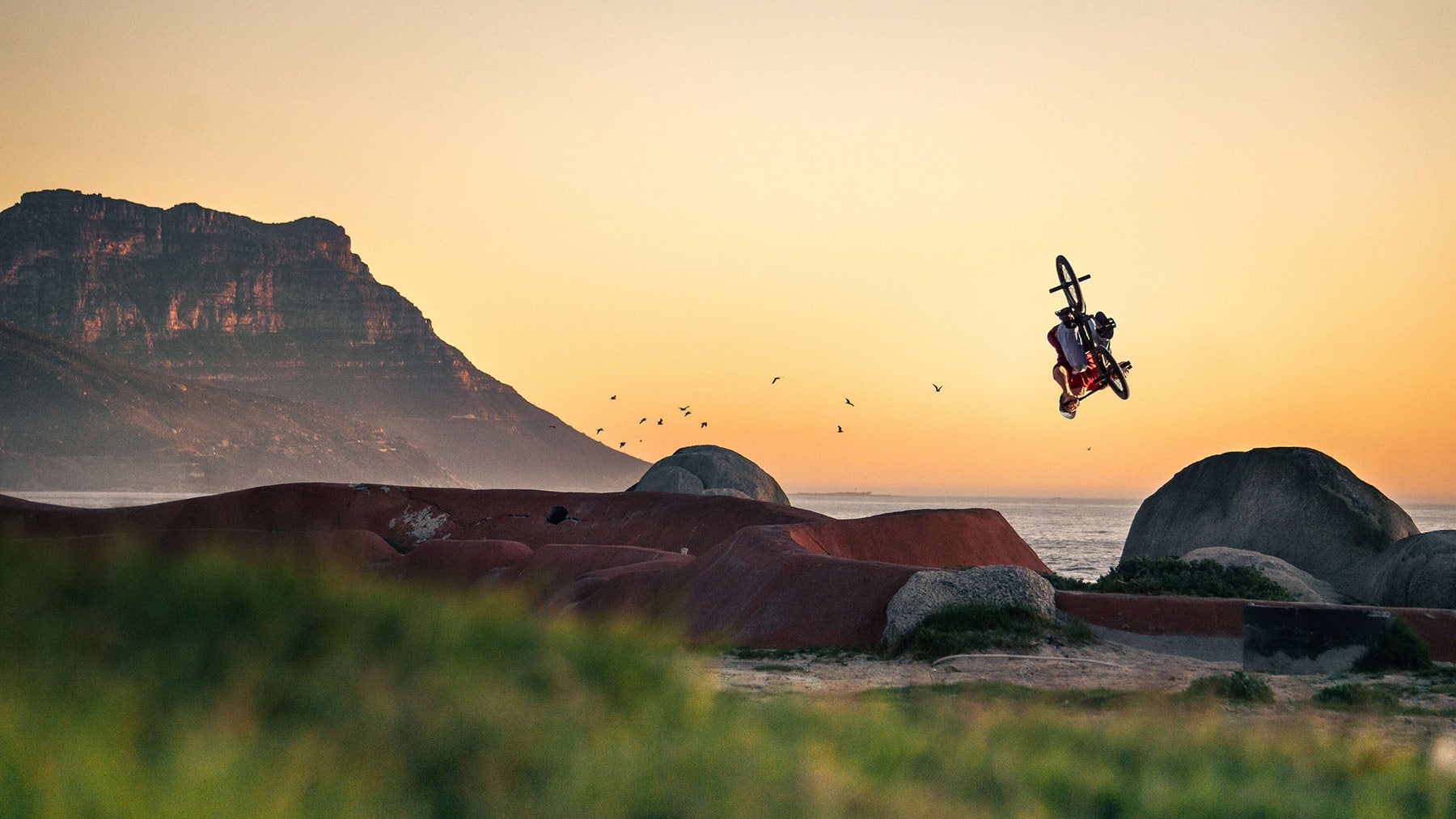A BMX rider is mid-air with the sea and cliffs behind him with a soft sunset glow in the sky.