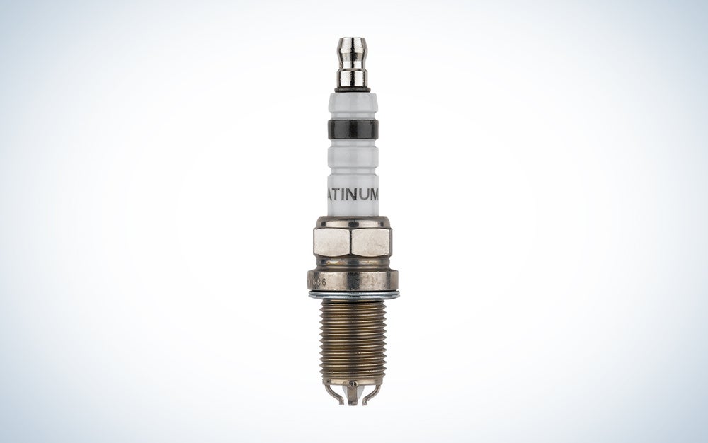 Bosch 4417 Platinum+4 FGR7DQP Spark Plug over a white background with a gradient
