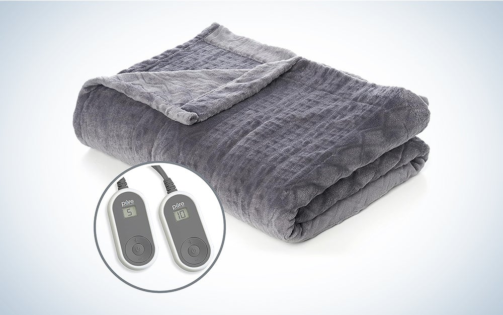 A grey Pure Enrichment heated blanket on a plain blanket