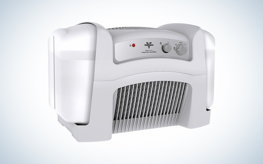 white Vornado Evap40 Humidifier over a white background with a gradient