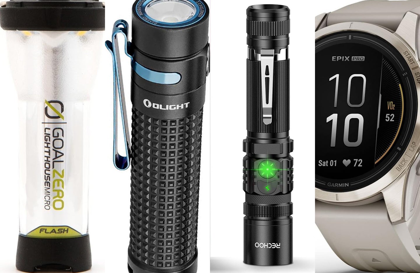 Four of the best rechargeable flashlights are sliced together against a white background.
