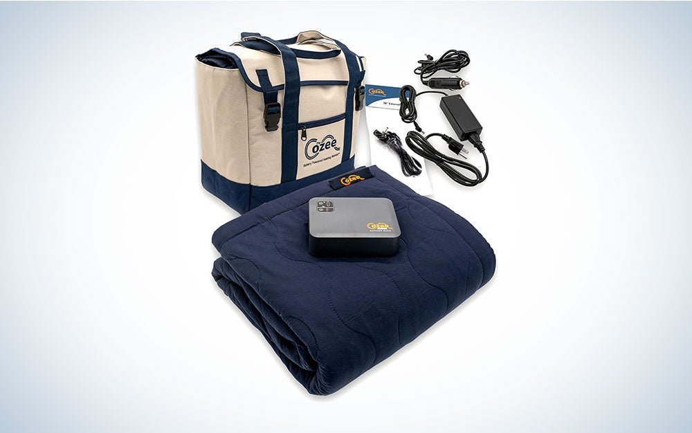 A navy Cozee electric blanket on a plain background