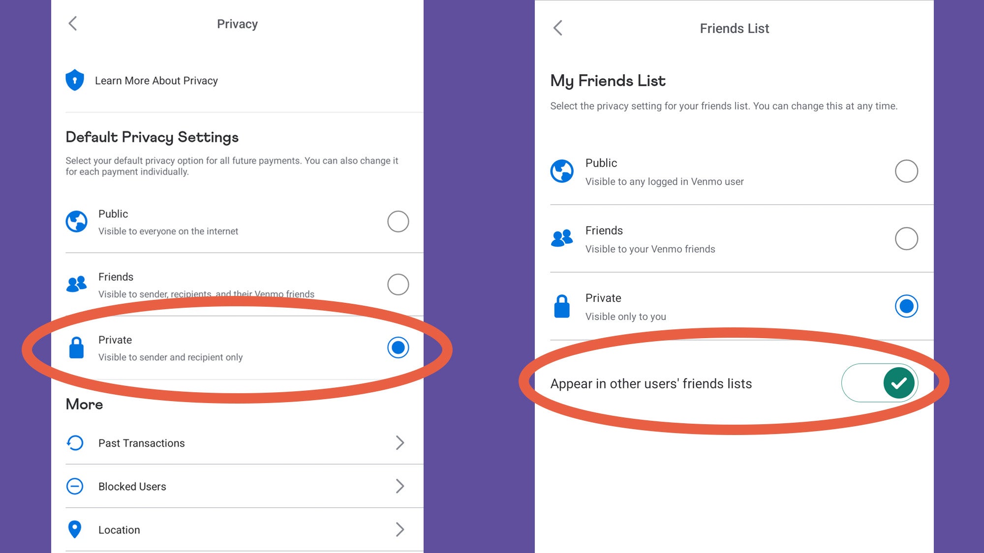 Screen showing Venmo's privacy settings and how to turn them to private