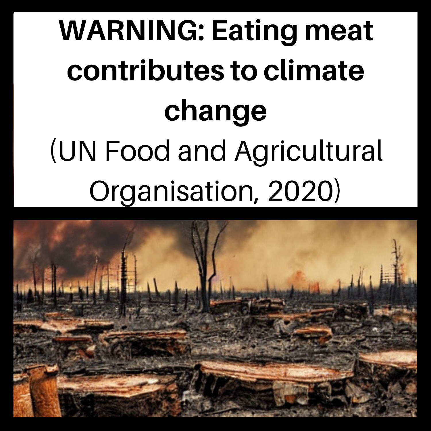 A meat warning label stating that eating mean contributes to climate change with an image of fossil fuels polluting the air