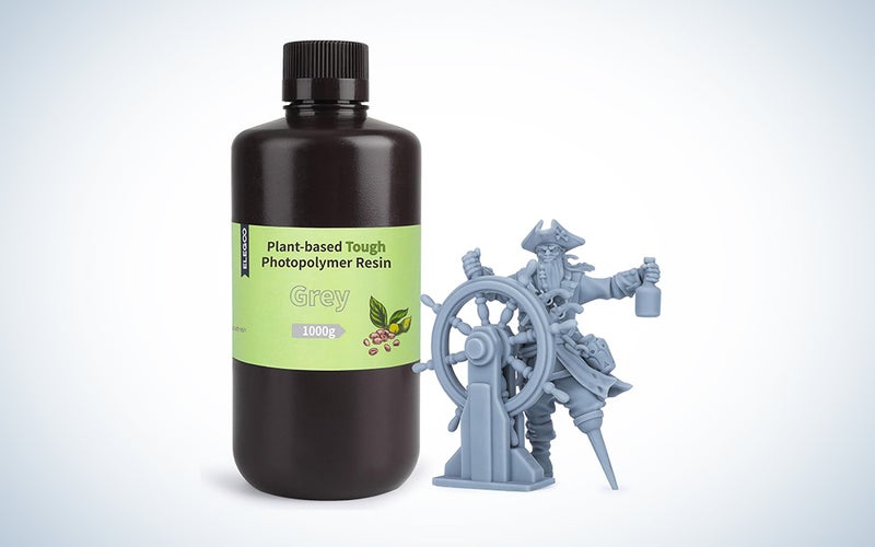 bottle of Elegoo Plant-Based 3D Printer Resin with a grey pirate captain and wheel figure