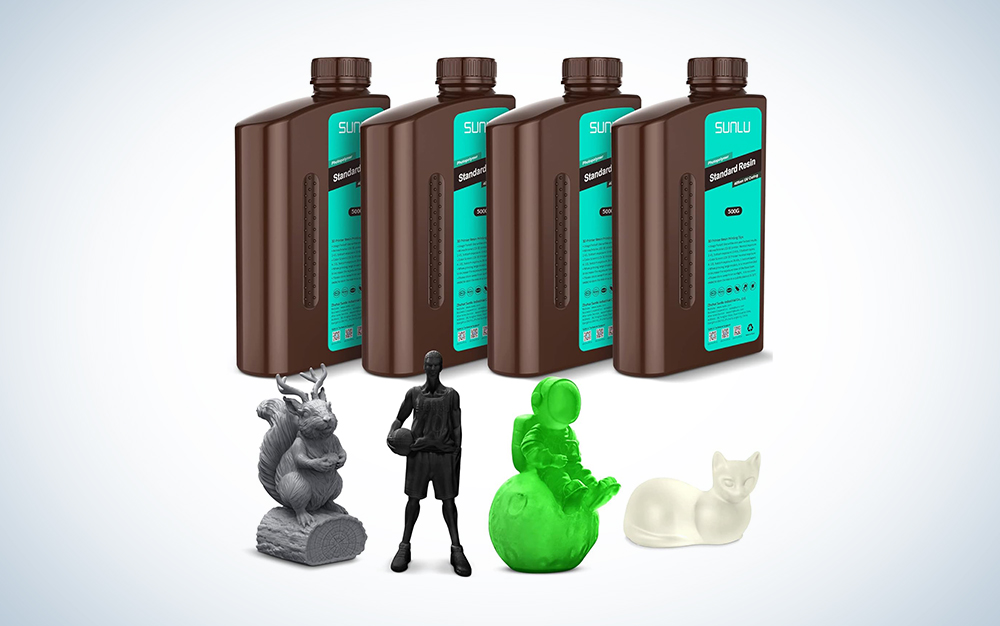 Sunlu 3D Printer Resin BundleÂ with four brown bottles and four figurines over a white background