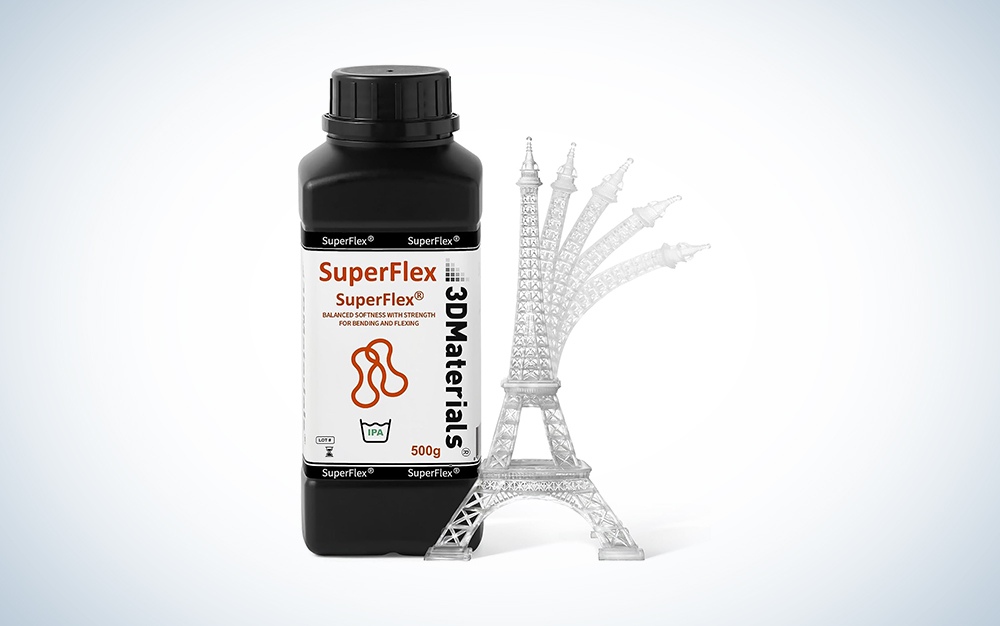 Superflex 3D Printer Resin bottle with a flexible Eiffel tower figure in front