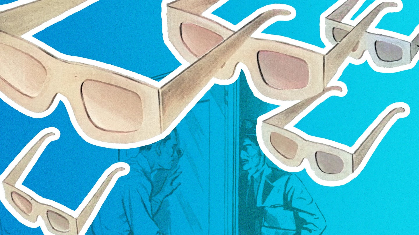 3D viewing glasses on blue background of vintage PopSci magazine images; illustration