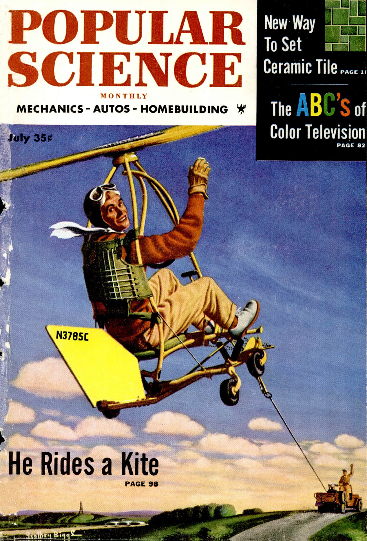 July 1954 cover of Popular Science magazine has man on personal flying gadget