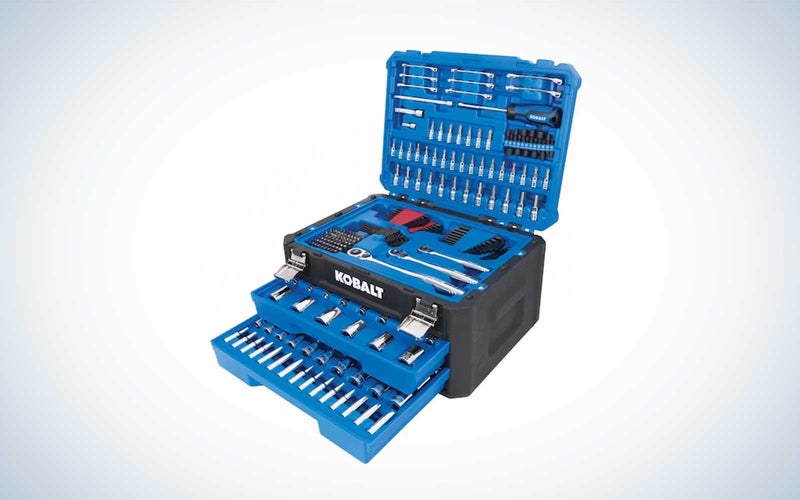Kobalt 277 piece mechanics tool kit open and showing the tools inside the drawers and the compartment on top