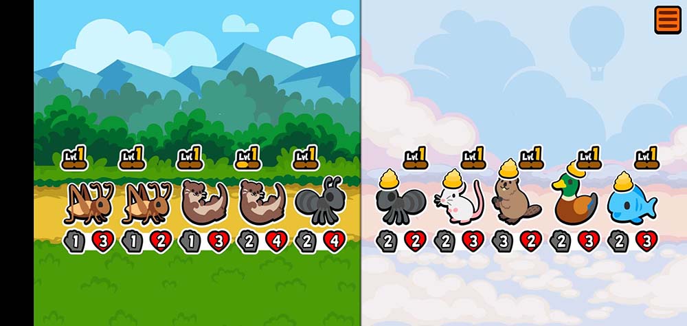 An early-game fight showing mice, ducks, fish, and other creatures facing off in the Super Auto Pets Android game.