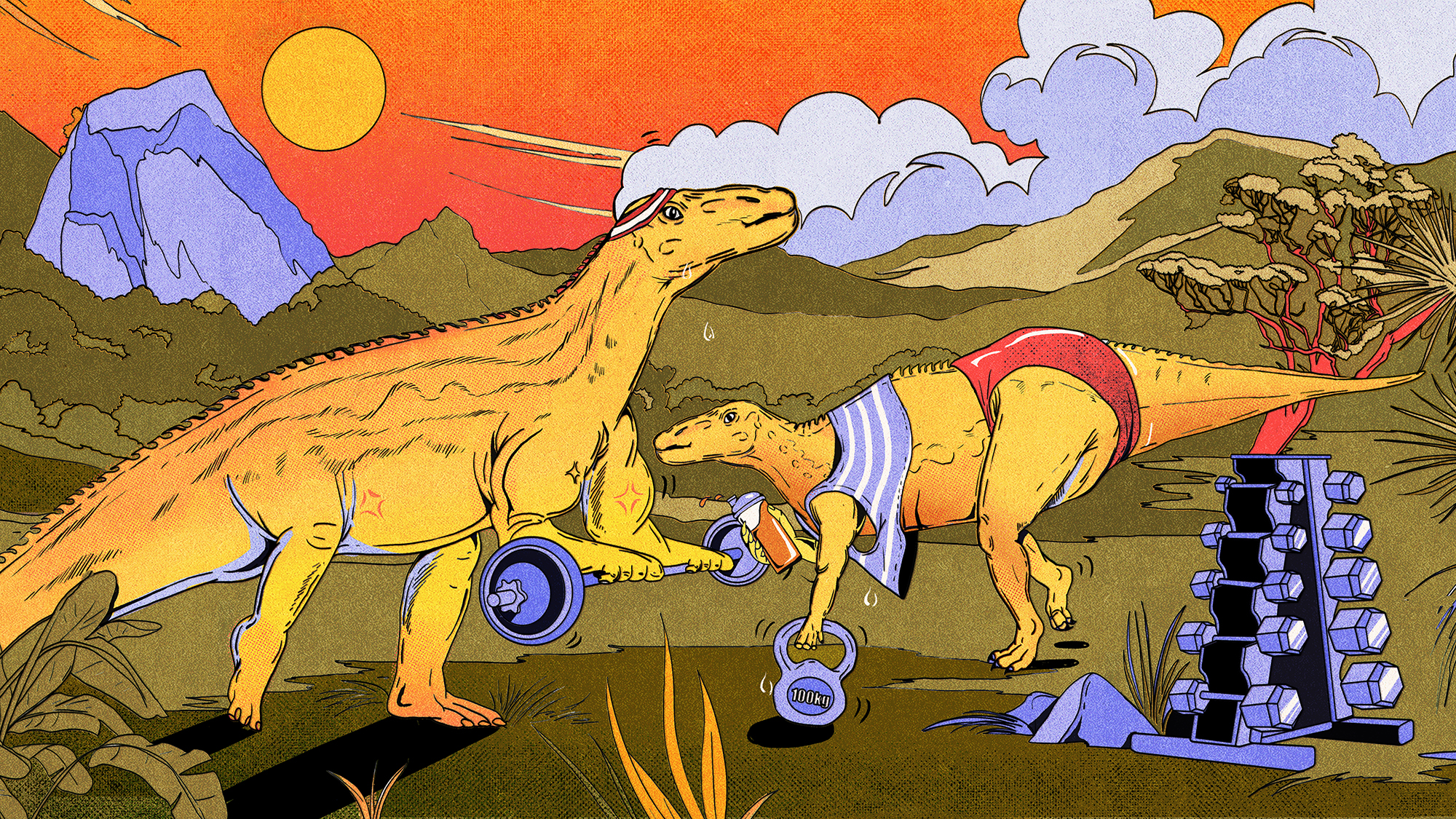 Illustration in green, yellow, orange, and purple of big sauropod dinosaurs lifting weights in front of a prehistoric landscape